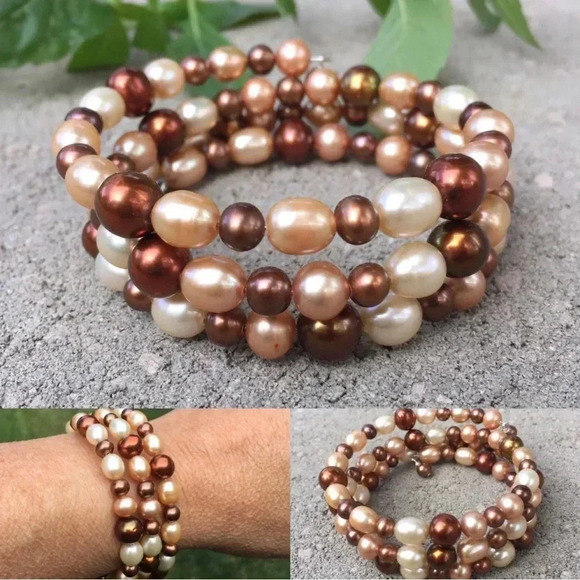 Pearl Bracelet, Brown Pearls, Cuff Bracelet, Memory Wire Bracelet, Mothers Gift - Picture 5 of 5